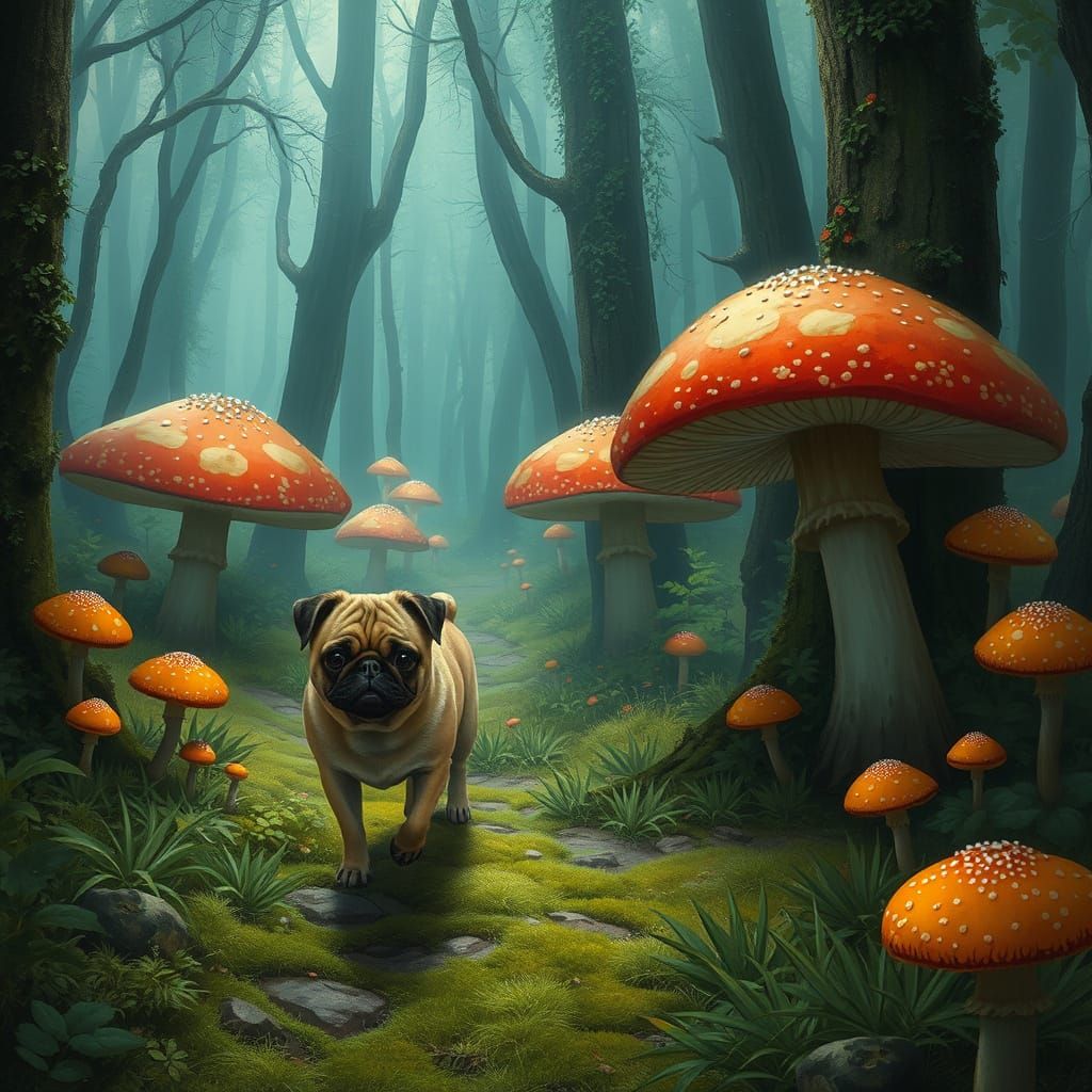 Pug's Forest Walk: A Realistic and Detailed Scene