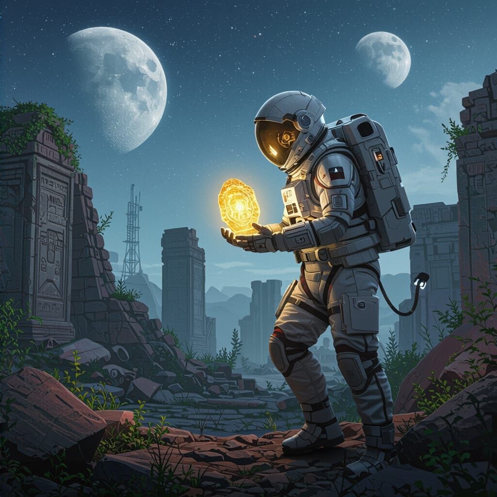 Astronaut Discovers Glowing Artifact in Alien Ruins