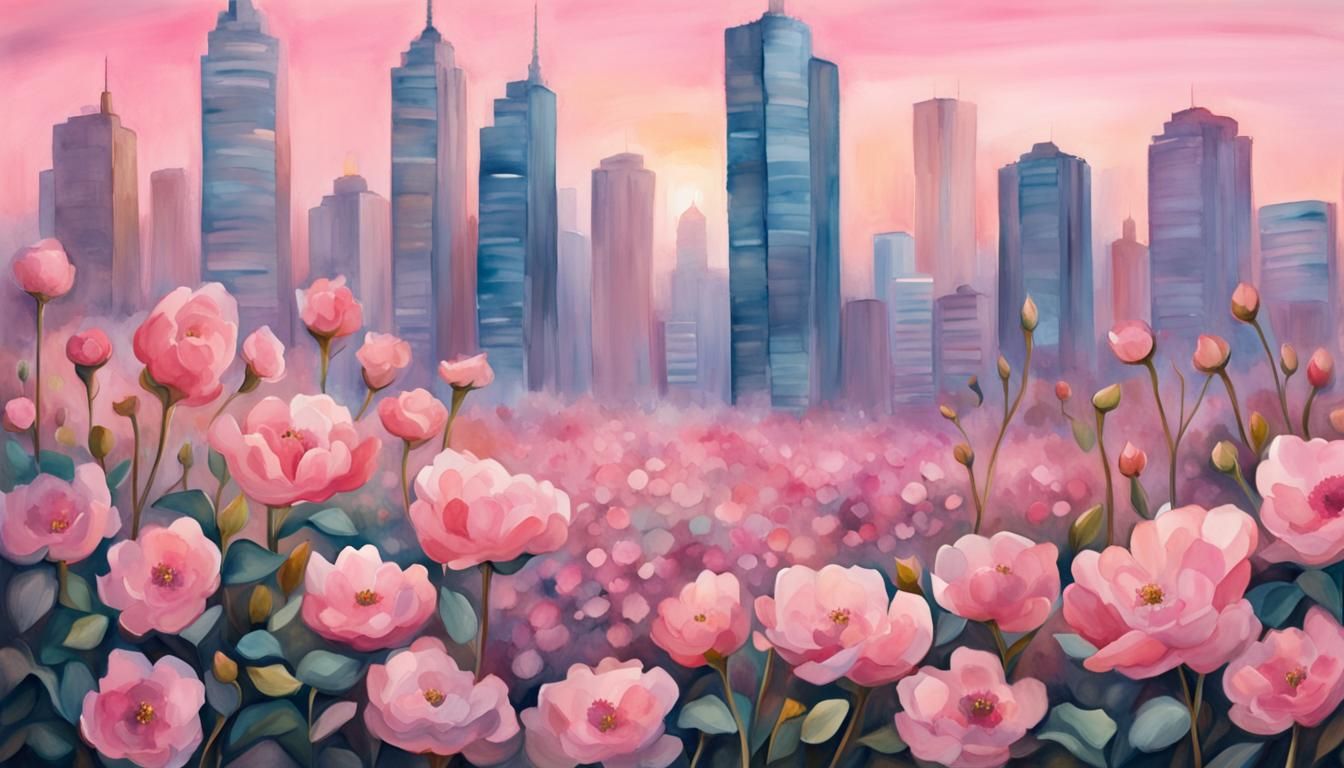 Vibrant Pink Cityscape at Dusk in Watercolor Style