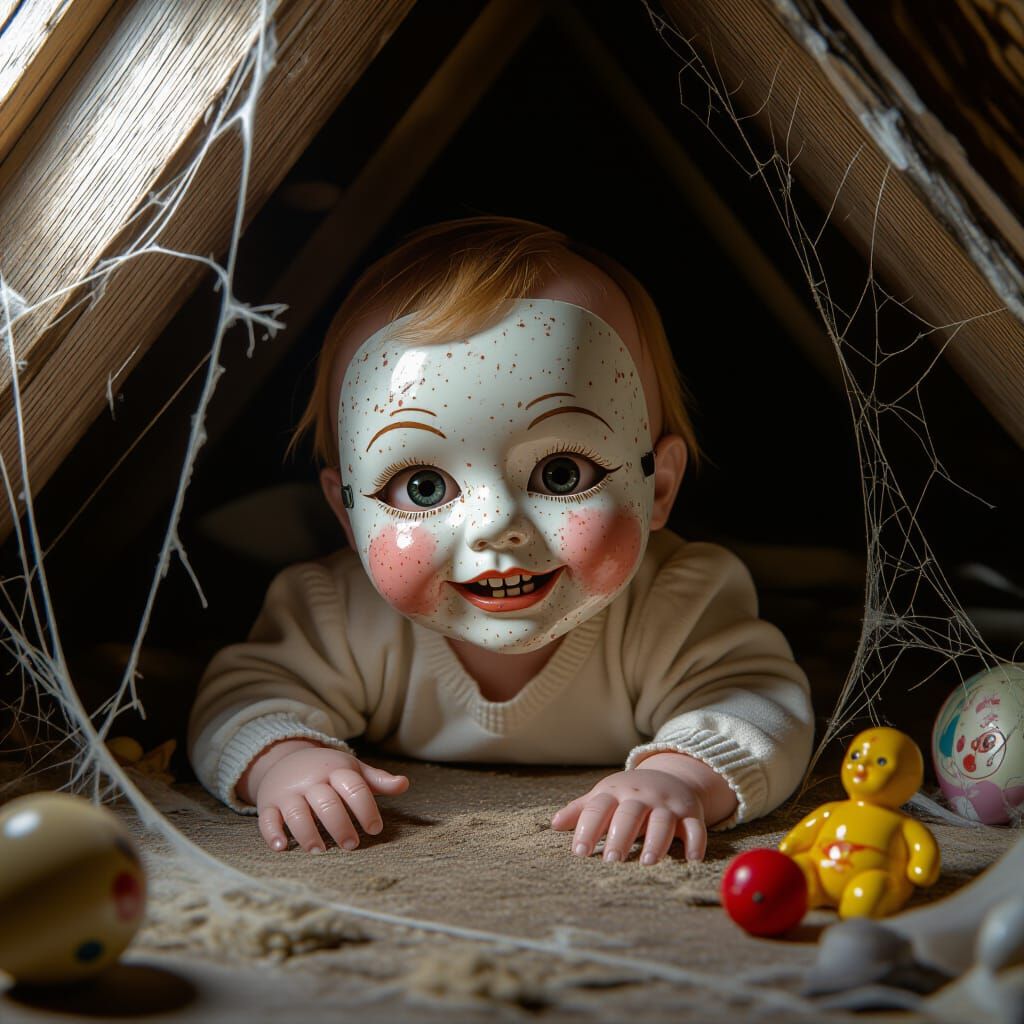 Grotesque Hyperrealistic Baby Hiding in Attic with Porcelain...