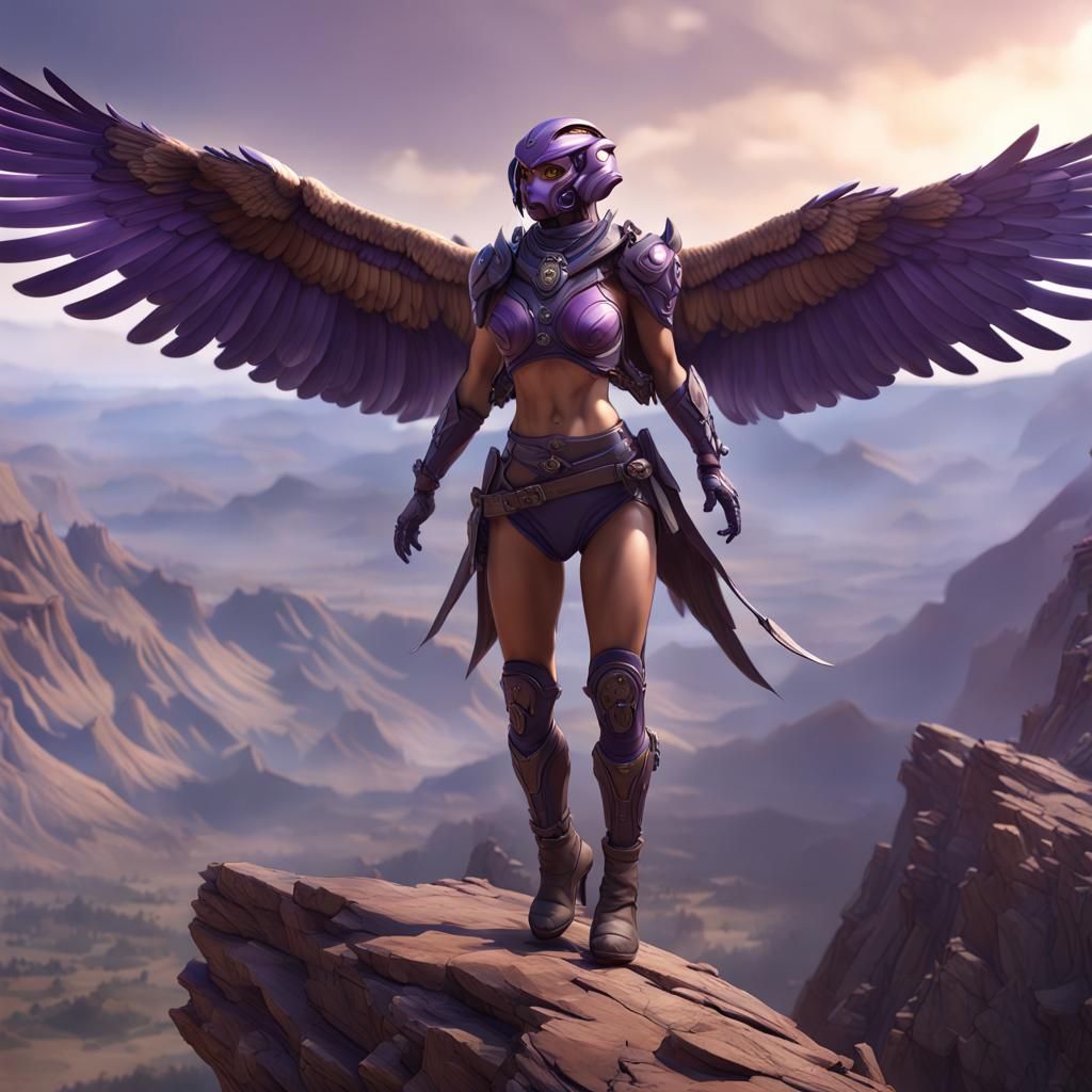 Falcon Humanoid Hovering in Fantasy Landscape