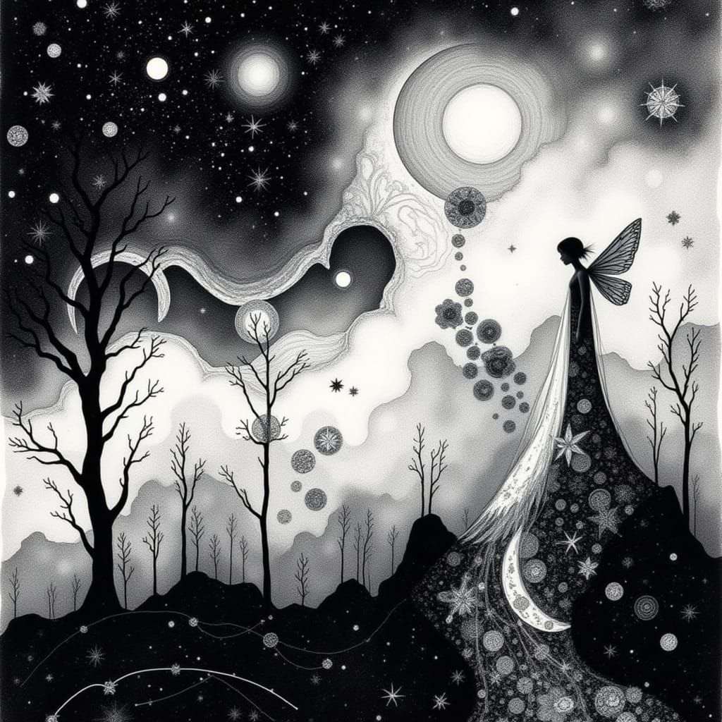 Ethereal Fairy with Architectural Wings in Surreal Landscape