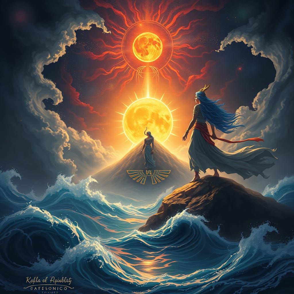 Radiant Sun God Rises in Primordial Ocean