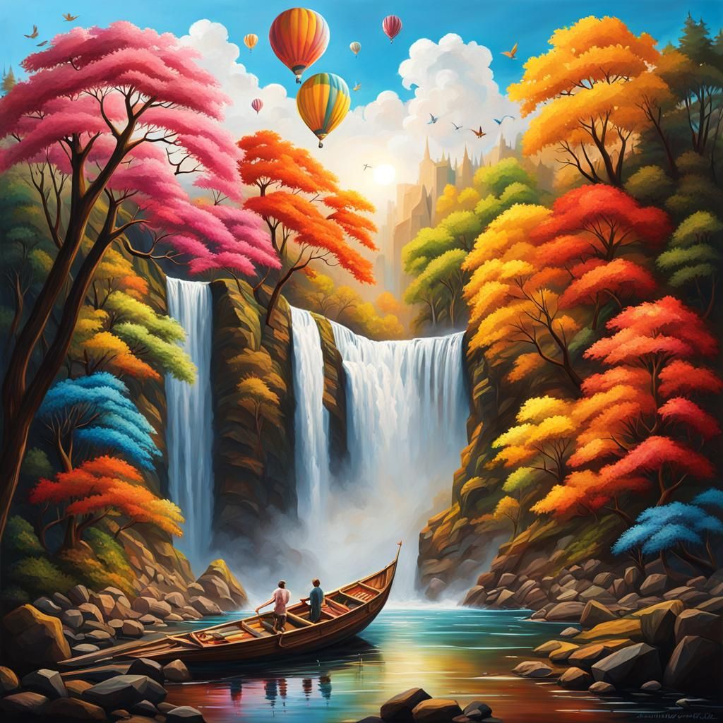 Colorful Splash Art of Fish, Airplane and Art Supplies