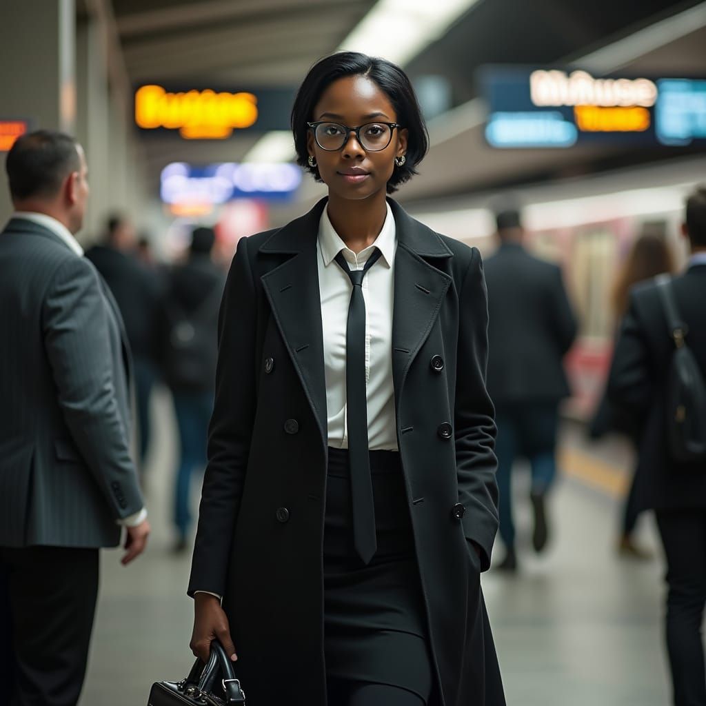 African American Woman in London Station, Hyperrealistic Pho...