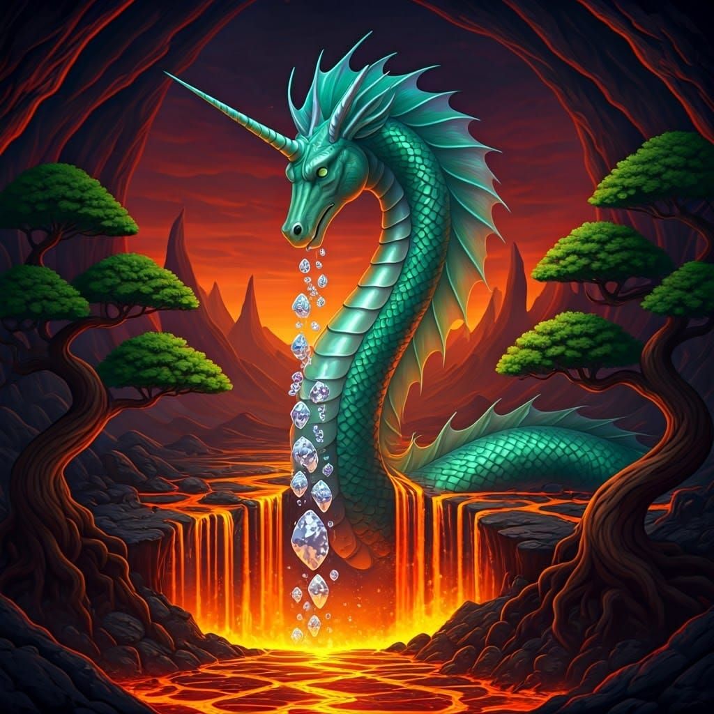 Serpent-Unicorn Spews Diamonds in Lava Bonsai Garden