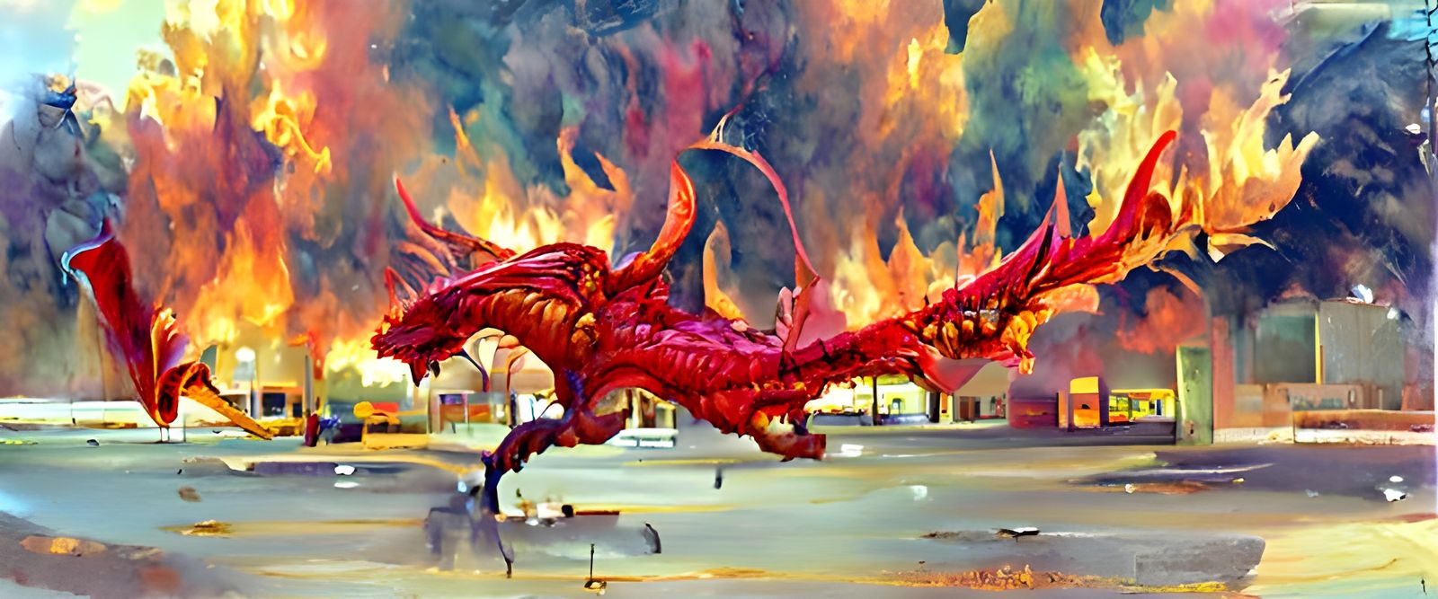 Fiery Red Dragon Burns Pharmacy: Watercolor Illustration