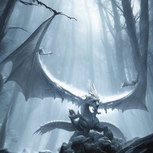 Knight vs. Dragon in Snowy Forest, Dark Fantasy Art