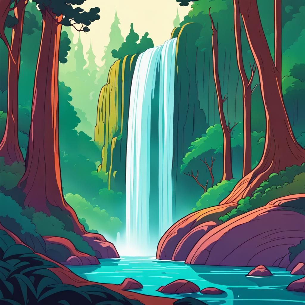 Forest Waterfall in Classic Disney Animation Style