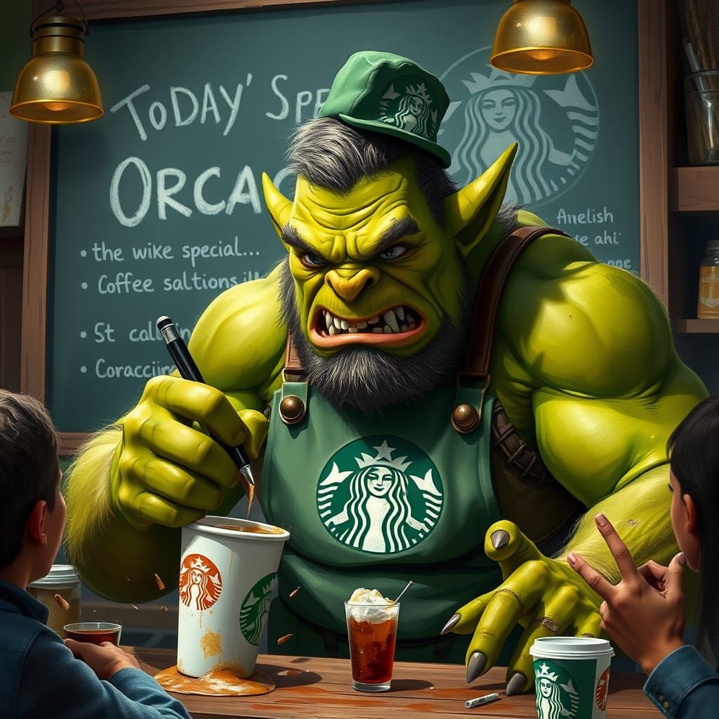 Fantastical Green Orc Barista in Starbucks Chaos