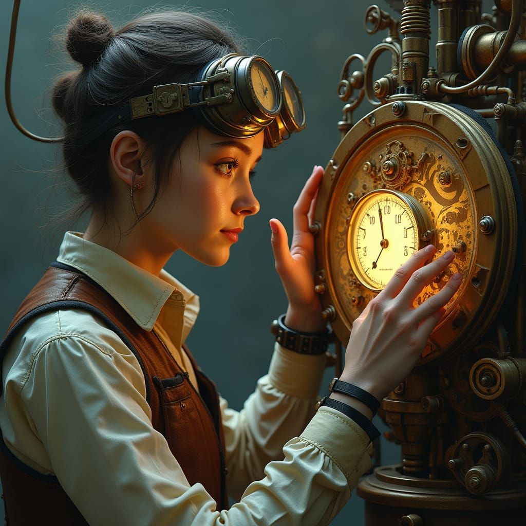 Steampunk Mechanic Adjusts Clockwork Gauge