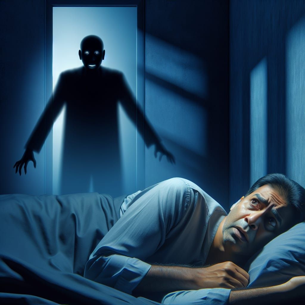 Surreal Sleep Paralysis Scene with Shadowy Figure