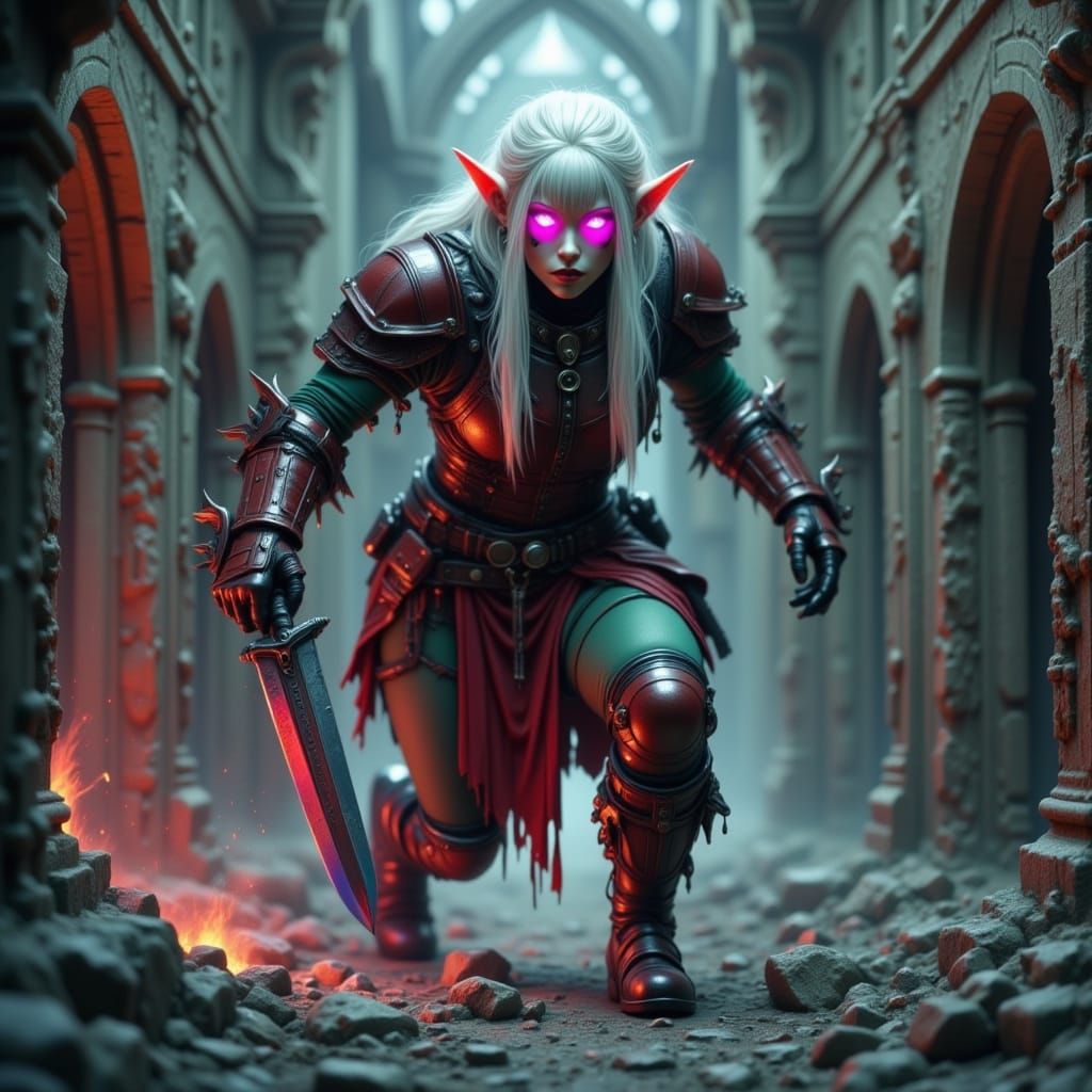 Albino Elf Warrior Escapes Lost Corridor in Dark Fantasy Sty...