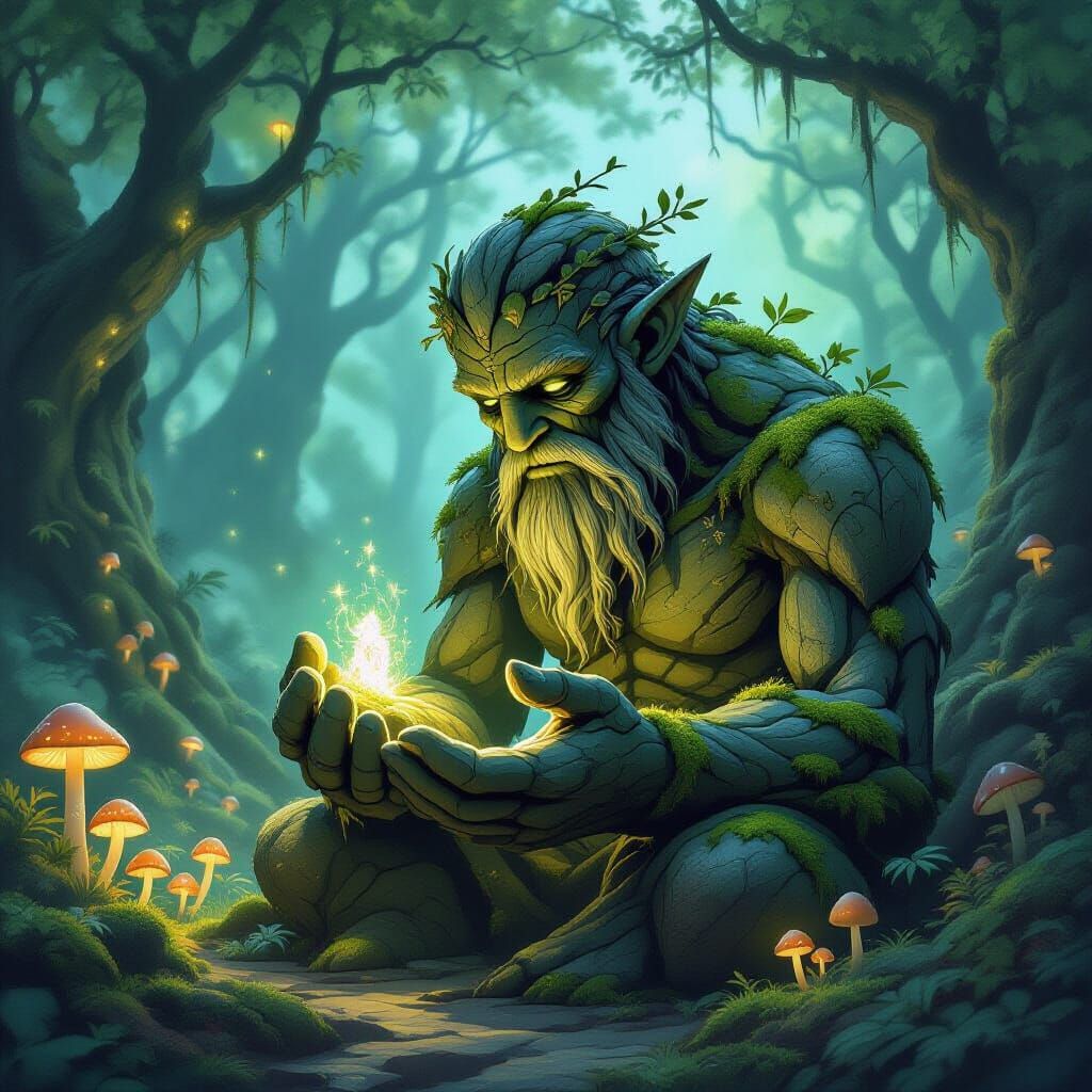 Stone Golem Cradles Forest Sprite in Enchanted Twilight