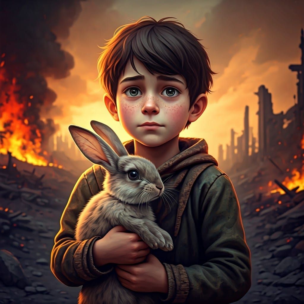 Boy and Rabbit Seek Refuge in a Ruined World