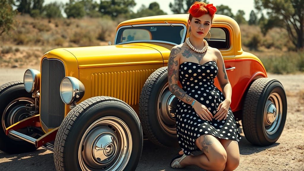 Fifties Rockabilly Pin-Up in Polka Dot Dress with Tattoos by...