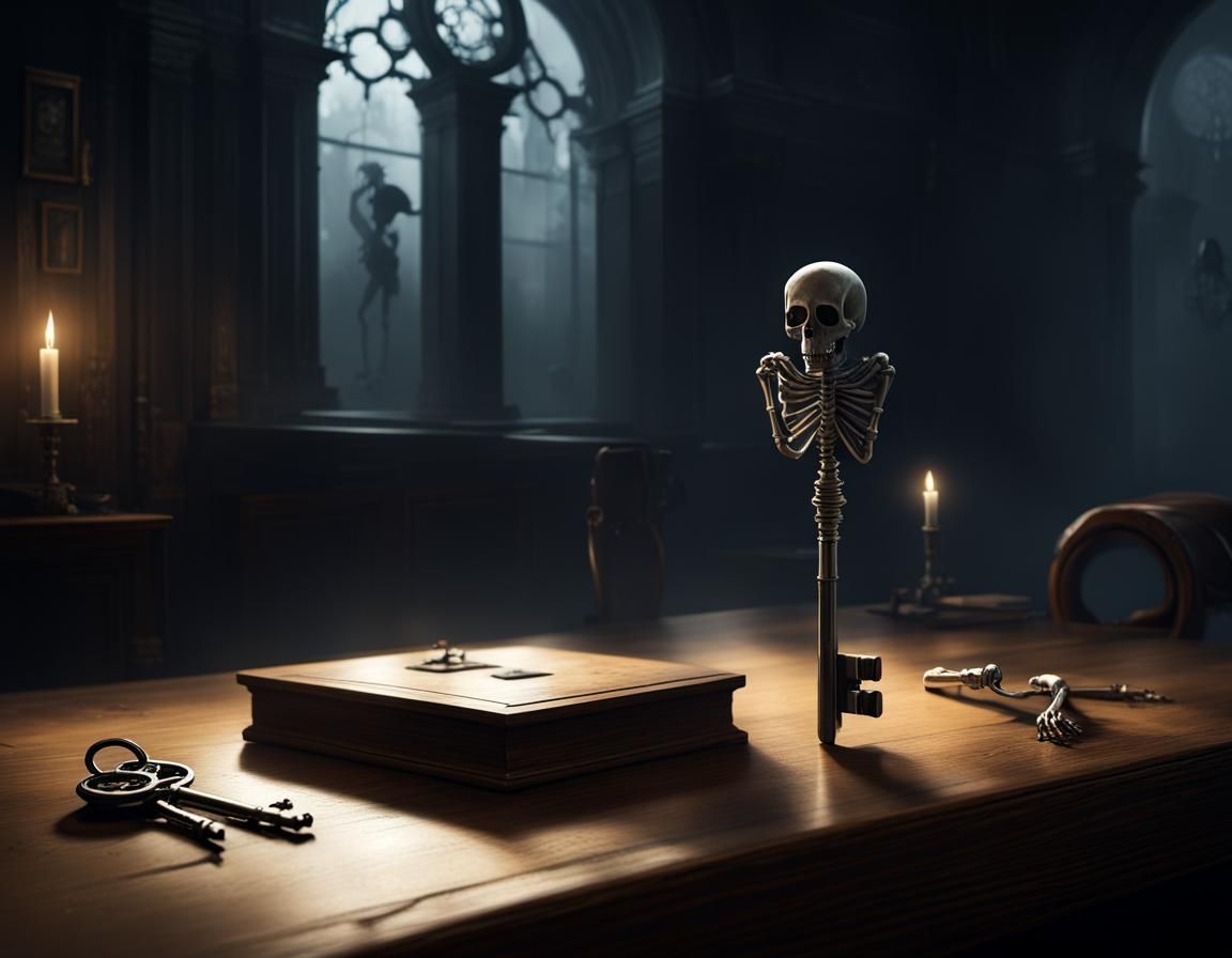 Mysterious Skeleton Key on Oak Table in Noir Style