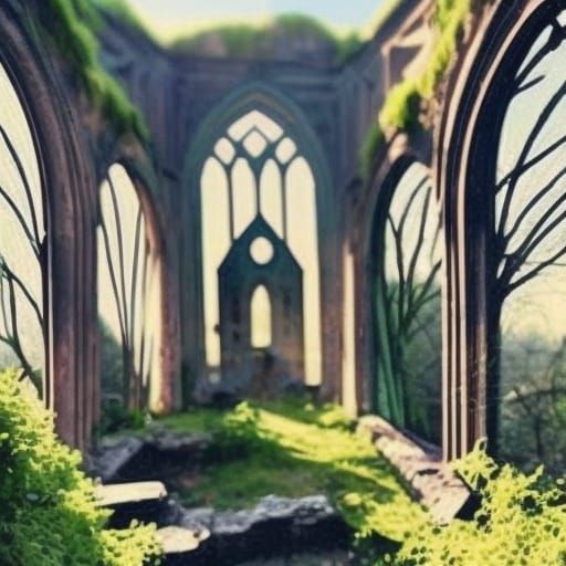 Ethereal Abandoned ruins covered and English Ivy& Beautiful wildflowers growing everywhere& ethereal vibes& magical vibe...