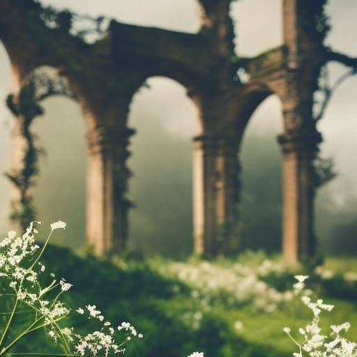Ethereal Abandoned ruins covered and English Ivy& Beautiful wildflowers growing everywhere& ethereal vibes& magical vibe...