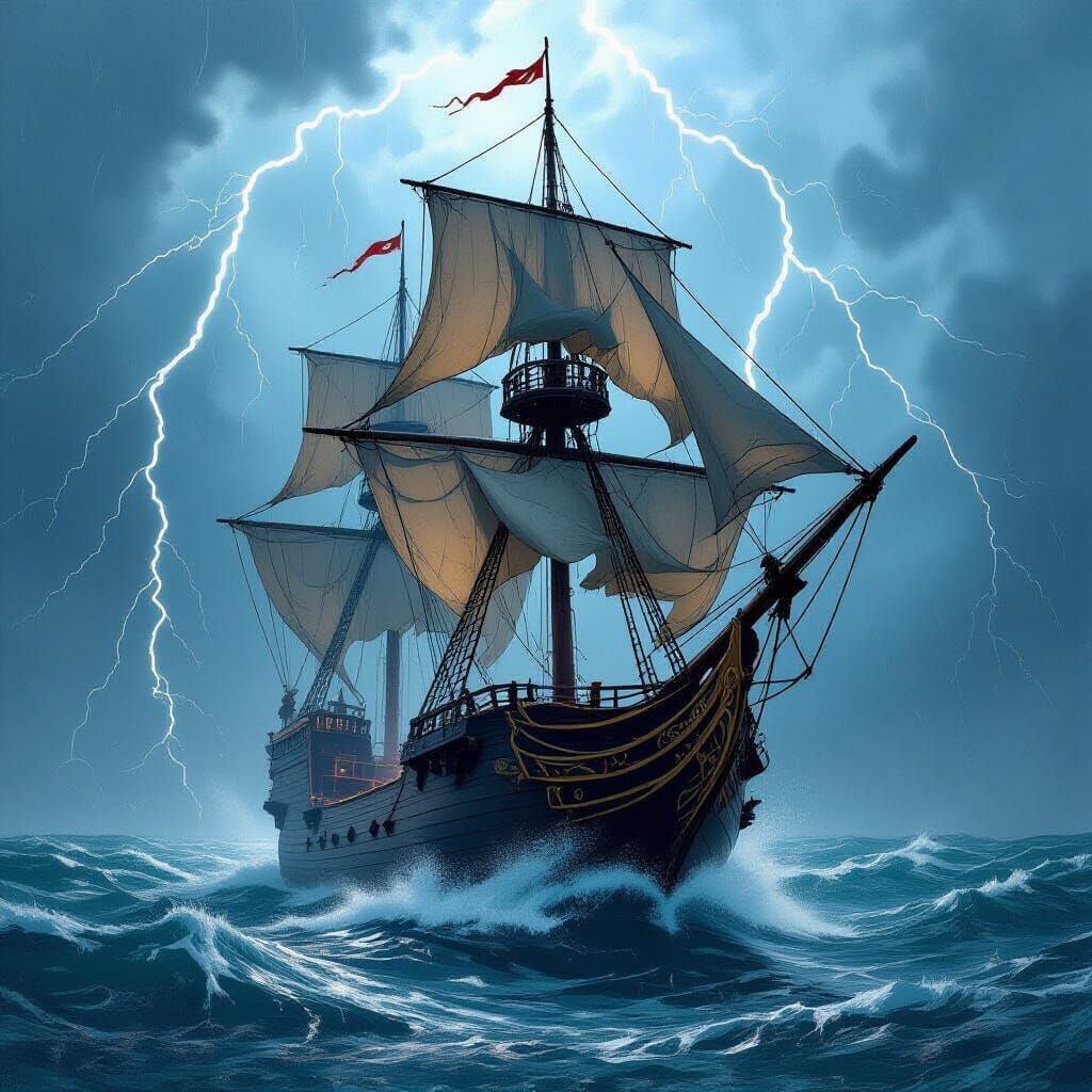 Galleon Battles Stormy Seas in Graphic Novel Style