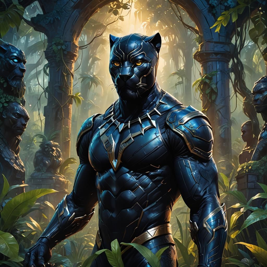 Black Panther in Mystical Jungle, Oil Painting