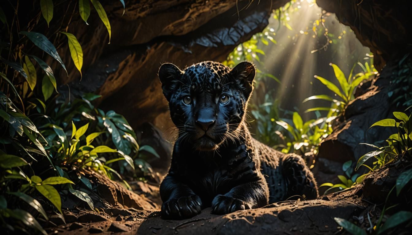 Mystical Newborn Black Jaguar in Cave, Rembrandt Lighting