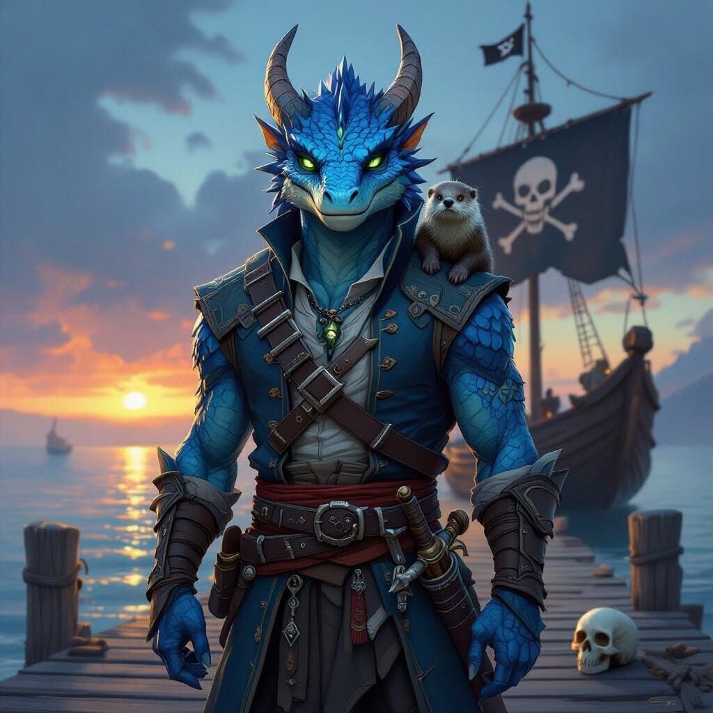 Blue Dragonborn Pirate on Pier at Dusk
