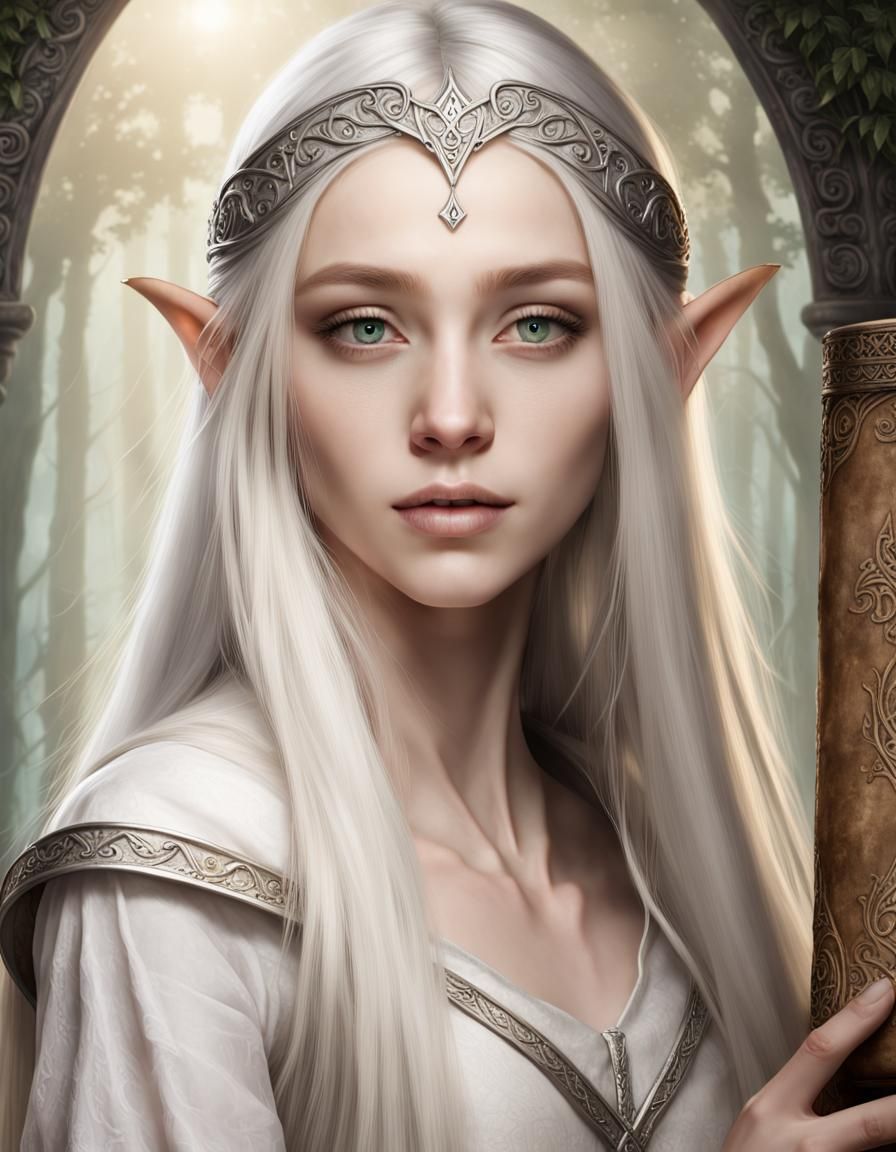 Ethereal Elven Girl with Ancient Healing Scroll