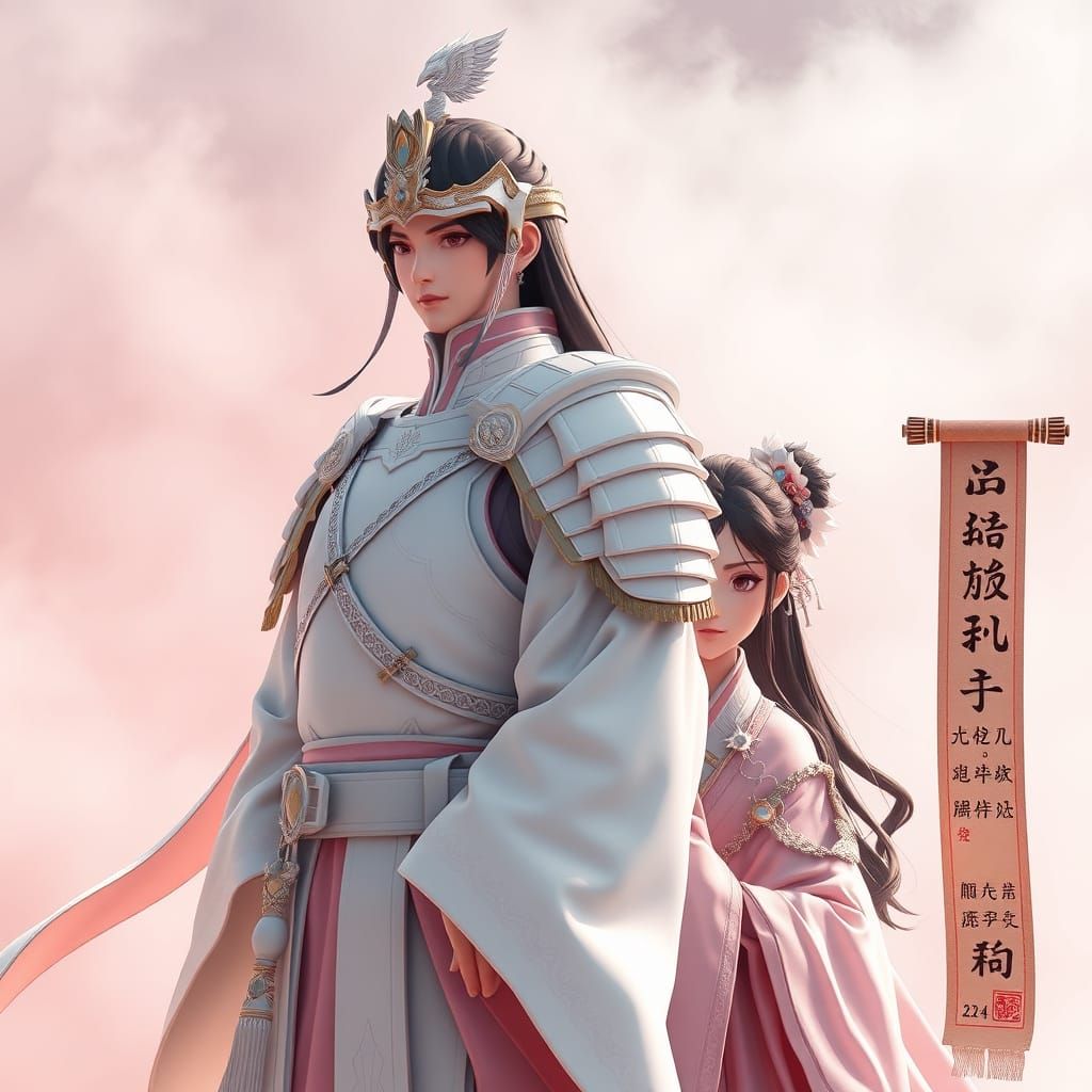 Protective Commander Guards Princess in Ethereal Anime Style