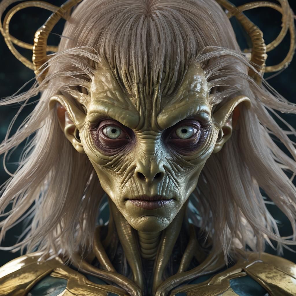 Sci-Fi Alien Portrait with Wig in Digital Art Style