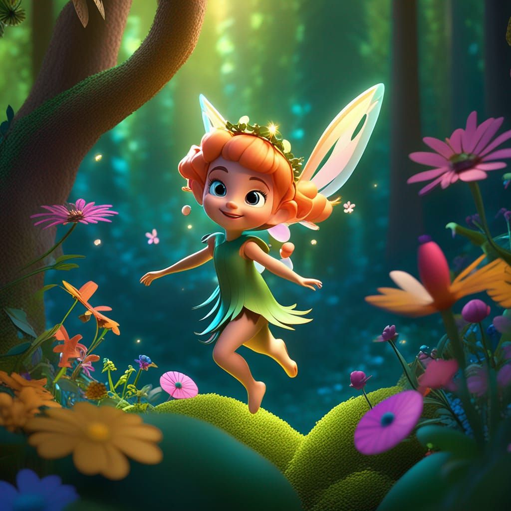 Pixar Fairy in Forest of Flowers: 3D Digital Art