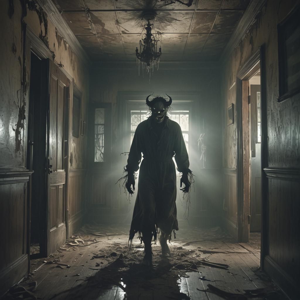 Ethereal Demon Haunts Decaying House in Cinematic Style