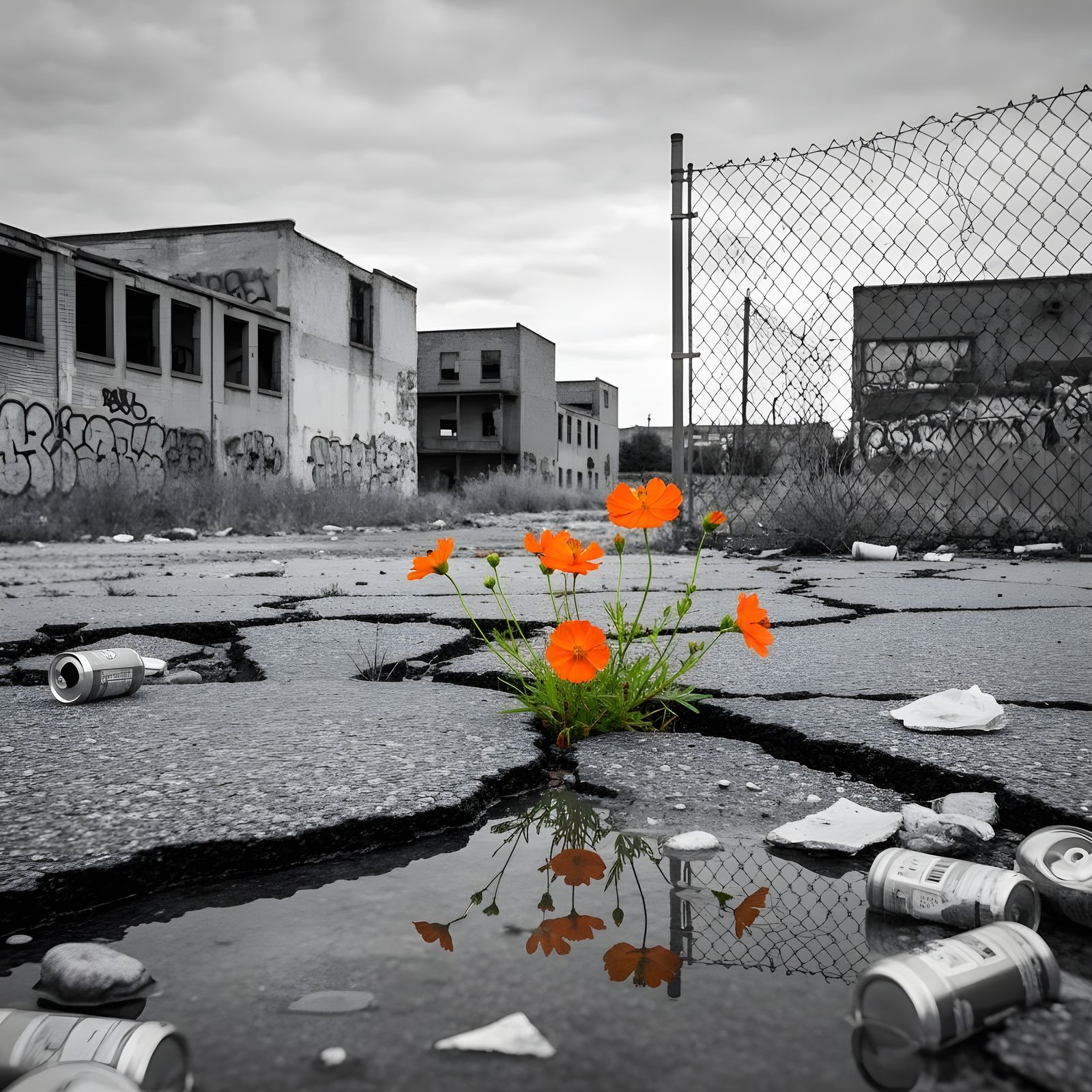 Vibrant Wildflowers in Grayscale Urban Wasteland