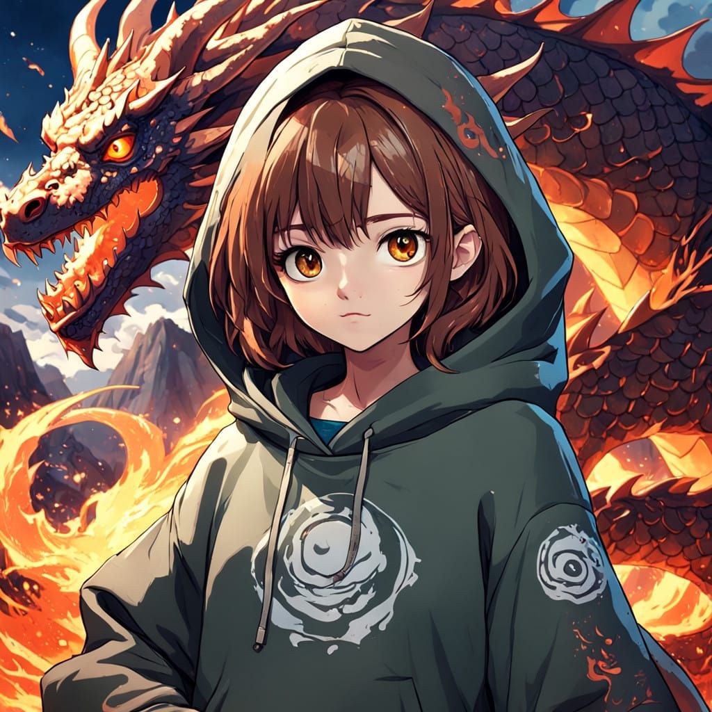 Girl Gazing Up at Ancient Dragon in Anime Key Visual Style
