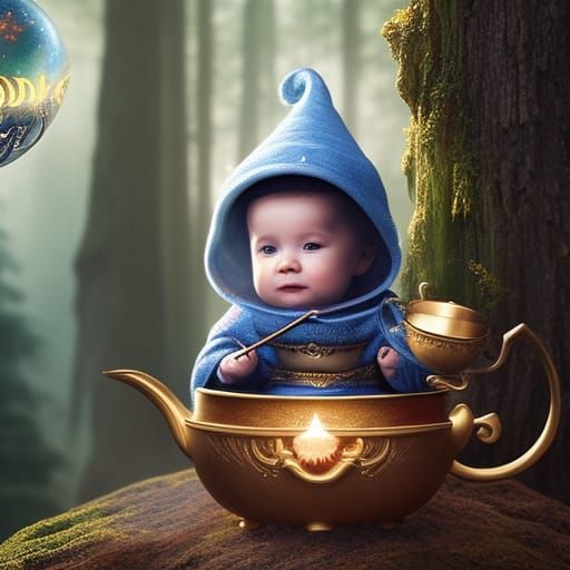 Cute Baby Wizard in Teacup Fantasy Art