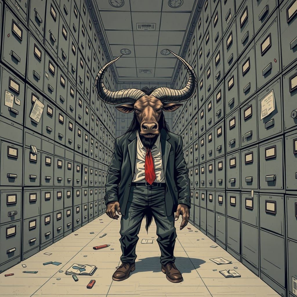 Surreal Minotaur Trapped in Endless Office Labyrinth