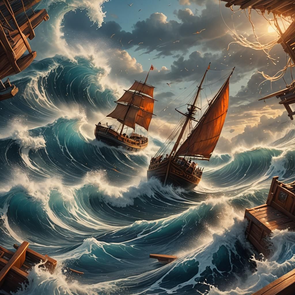 Tidal Wave Engulfs Sailboat in Detailed Digital Art