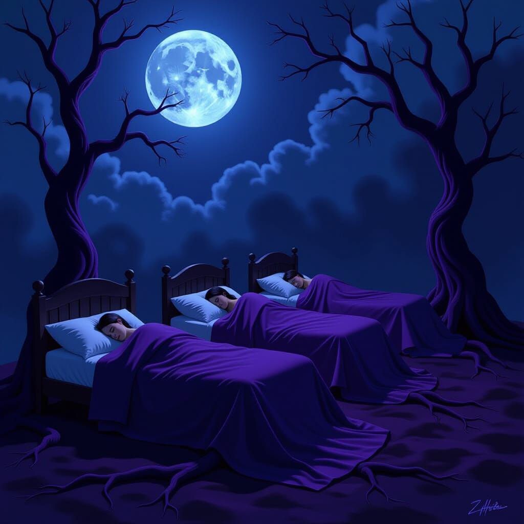 Surrealist Painting of Sleepers Entwined with Shadow Roots