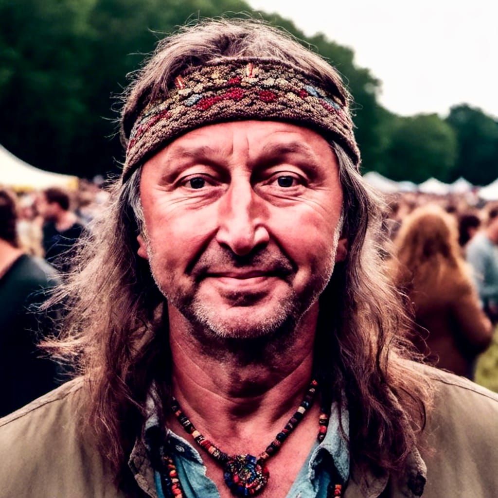 Woodstock Hippie Portrait in Aged Photograph Style