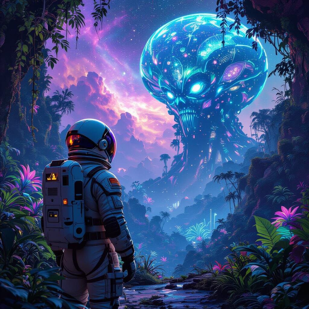 Astronaut and Bioluminescent Alien Jungle in 3D