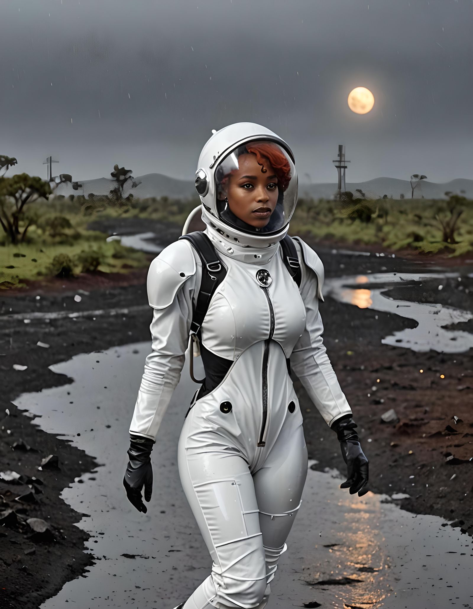 Redhead Ethiopian Woman Astronaut in Spacesuit on Moon