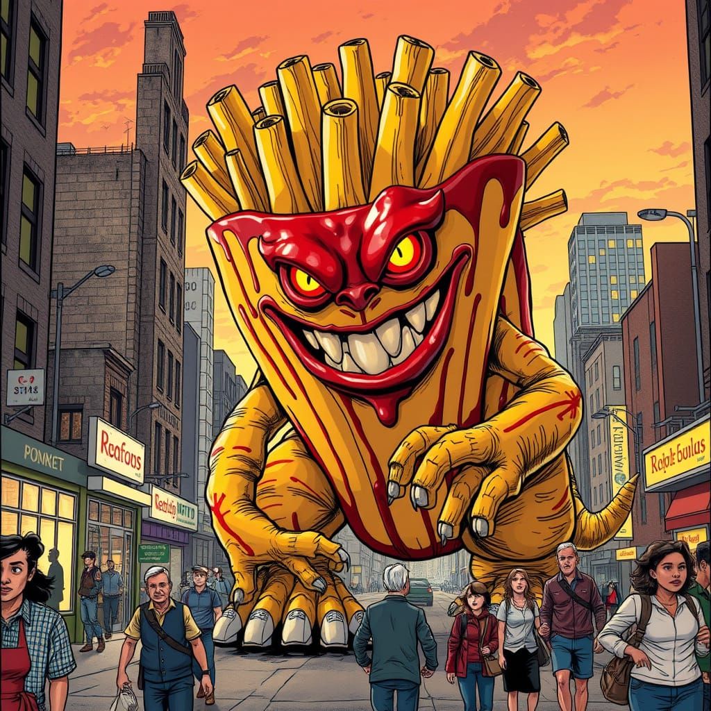 French Fry Monster in Moebius-Inspired Sci-Fi Style