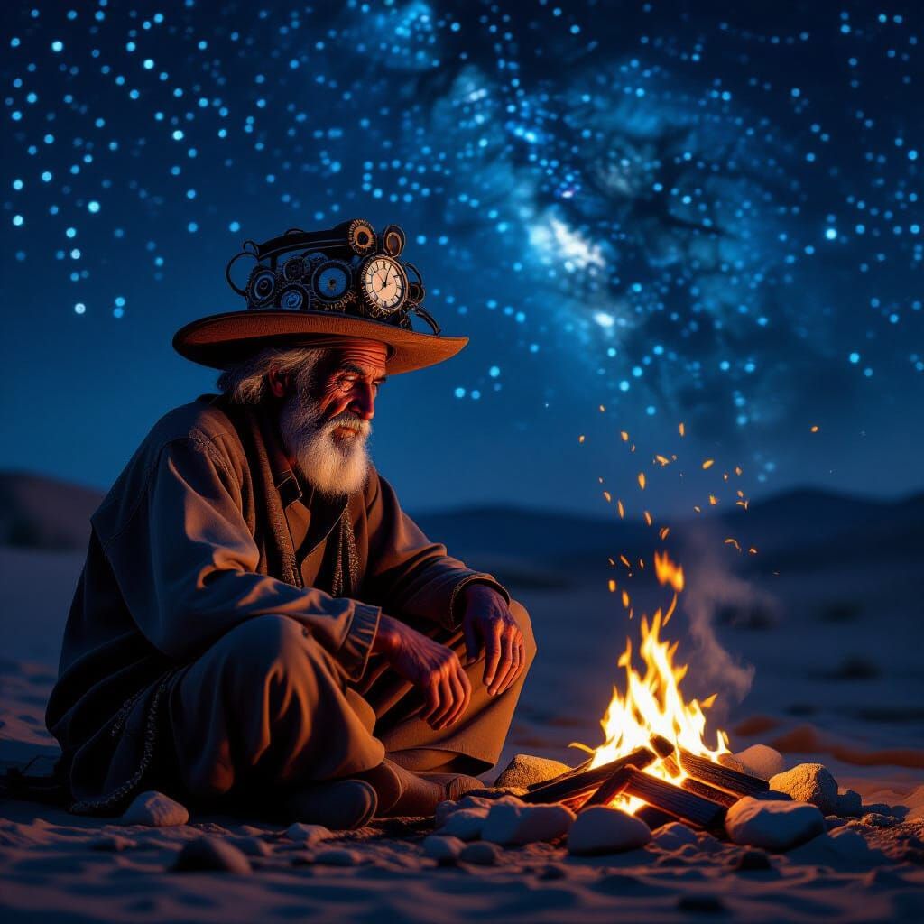 Desert Nomad by Dying Fire Under Starry Sky