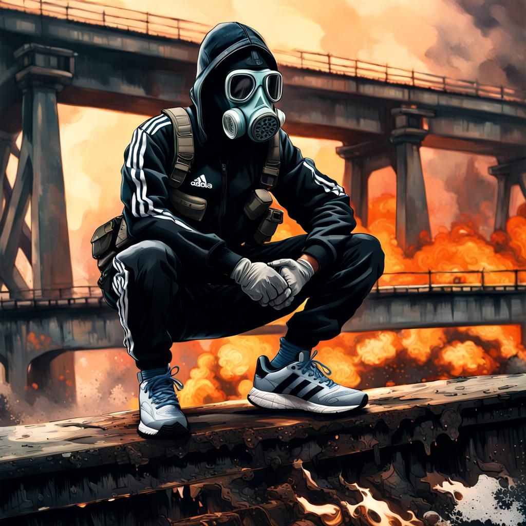 Soldier in Adidas Suit on Decayed Bridge, Hyperrealistic Spl...