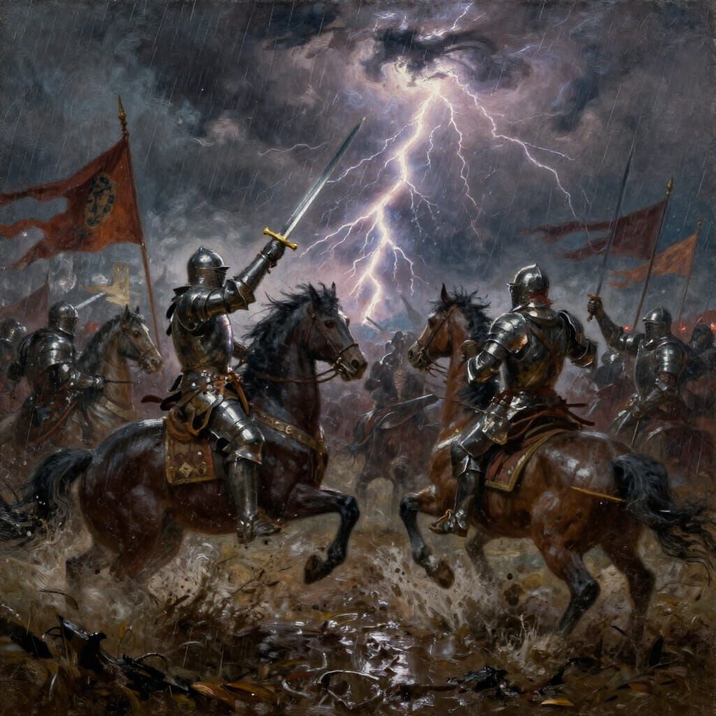 Epic Oil Painting of Knights Clashing on Battlefield