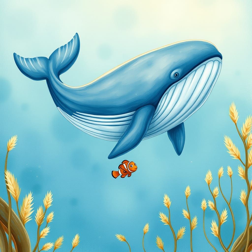 Whale and Nemo Swim in Golden Ocean Waters