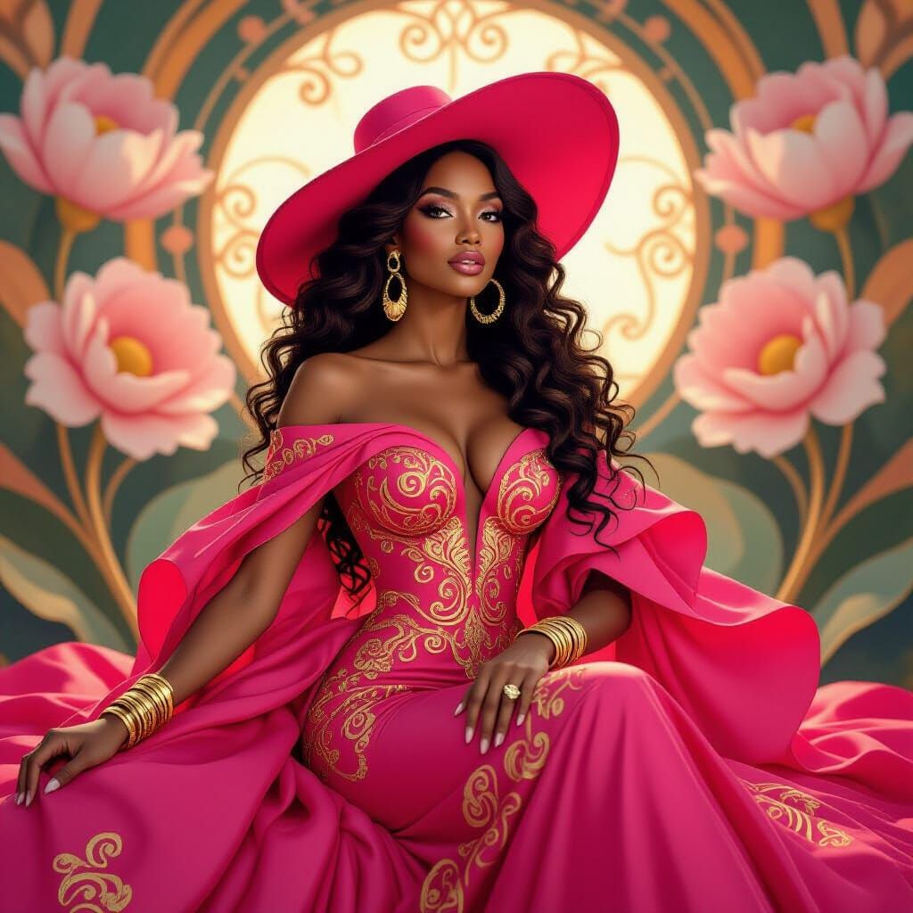 Elegant Black Woman in Hot Pink Gown with Gold Patterns