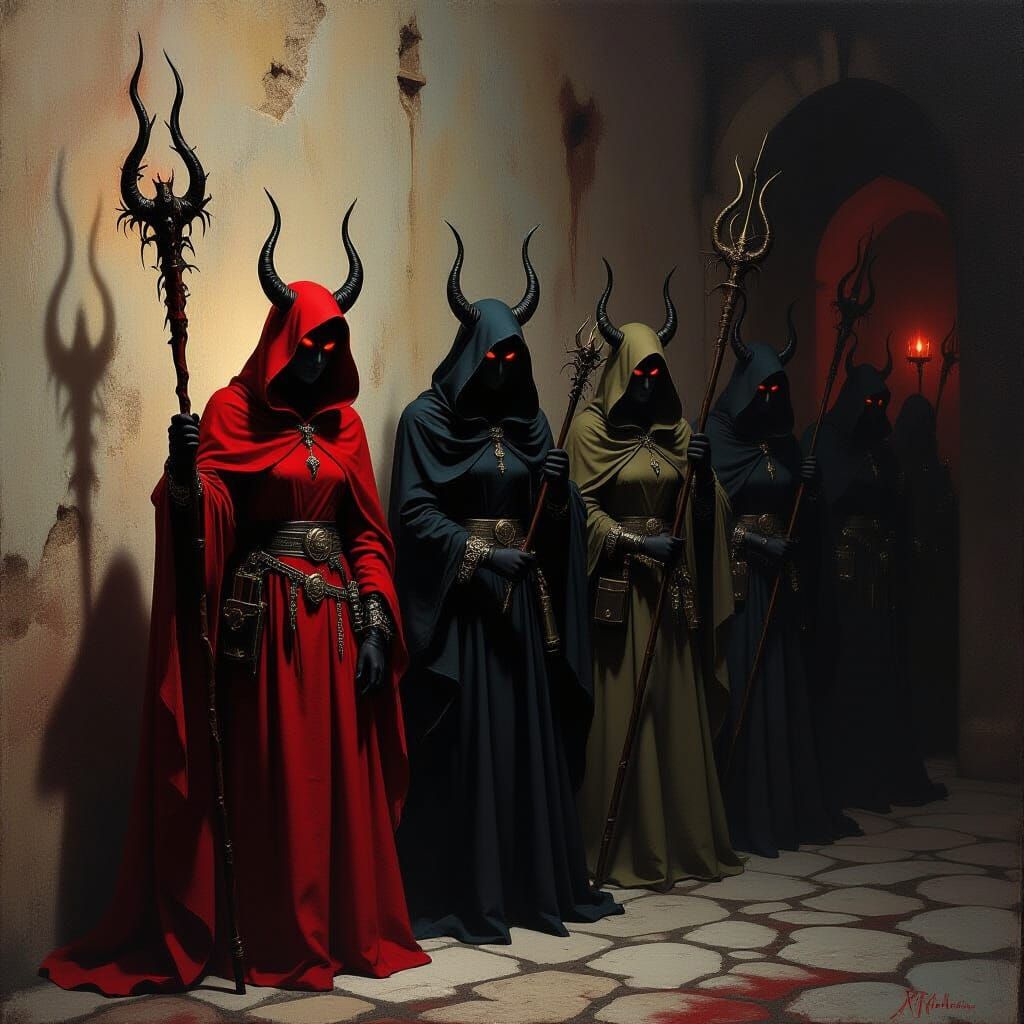 Dark Fantasy Art of Satan's Servants with Shadowy Weapon