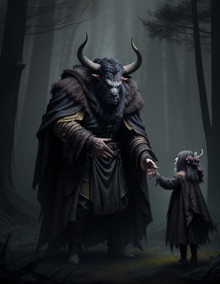Minotaur and Girl in Dark Fantasy Concept Art