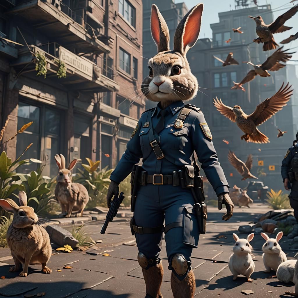 Bunny Officer Interrogates Birdman in 3D Game Style